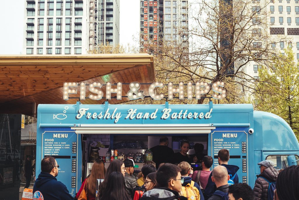 A food truck selling fish and chips